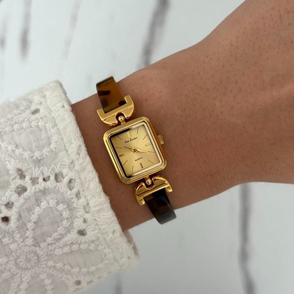 Sku0447 Retro Gold Brown Gemstone Women Casual Square‎ Watch Bracelet + gift bag